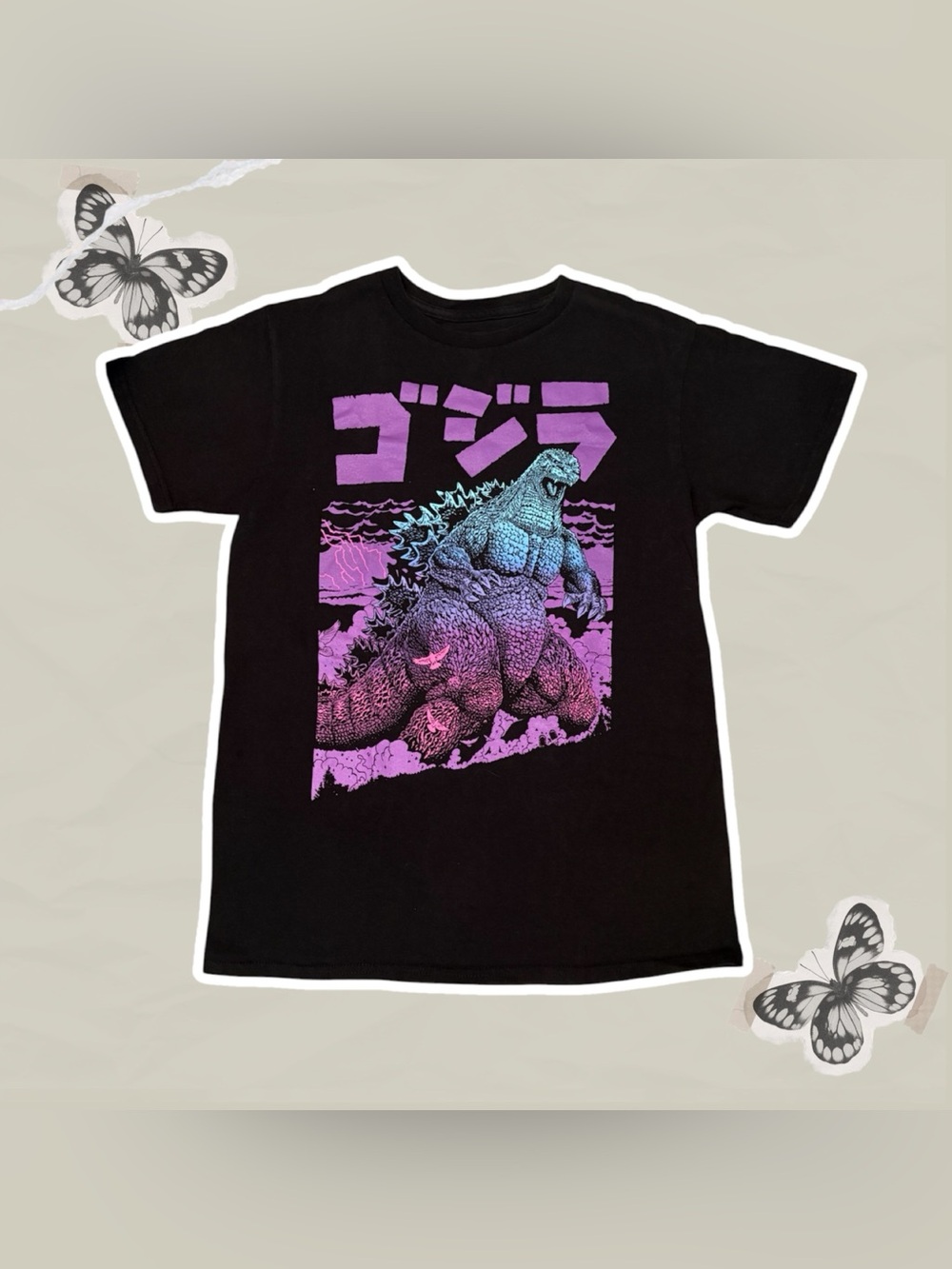 Black Godzilla Graphic Tee with Purple & Teal Print